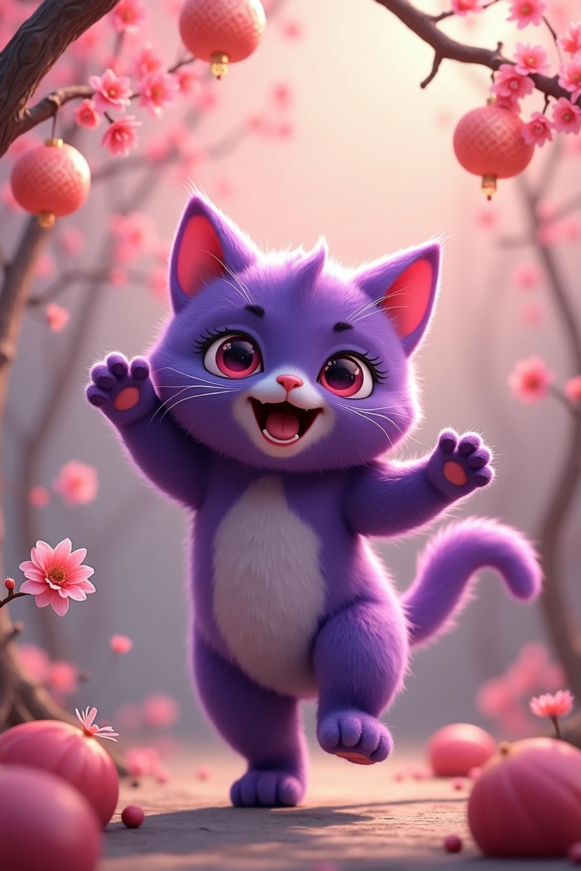 The talkative purple cat is happy and dancing. Talking will make you rich. It understands emotional communication background. Chinese style. When it opens, it will run out of money to communicate with other cats.