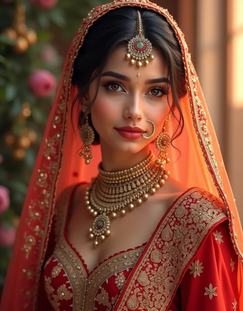 A beautiful lady wearing a Indian wedding dress 
