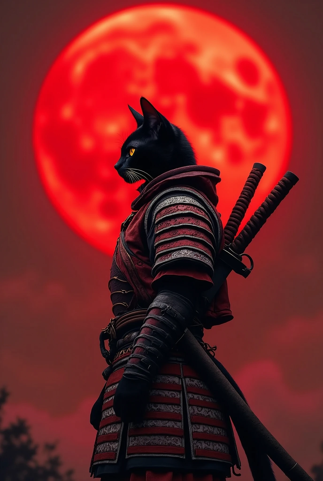 The image features a humanoid black cat with orange cat eyes in a red and silver samurai warrior's attire, standing against a backdrop of a large red moon the sky is glowing a dark red glow from the reflection of the moon light. The cat is positioned to the left side of the frame, facing right with its head slightly tilted upwards. It is wearing a detailed armor that resembles traditional samurai armor, complete with intricate designs and patterns. The armor is primarily red with silver accents, adding to the visual depth. The cat's ears are perked up, and its eyes are focused on something in the distance. A sword is sheathed on the cat's back, suggesting readiness for battle or a ceremonial stance holding a drawn sword at the ready to battle. The red moon in the background casts an orange hue over the scene, creating a dramatic and intense atmosphere, retina, accurate, masterpiece, super detail, high details, best quality, award winning, highres, HD, 4K, 8k, 16k, retina, accurate, masterpiece, anatomically correct, textured skin, super detail, high quality, award winning, highres, 8k, 16k