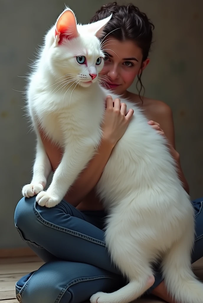 solo focus, a_la, 1girl, cat, white fur, long whiskers on both sides of the face, big bright blue eyes, big black eyelashes, pink nose, triangular ears with pink channels, high heels, jeans rolled down.odok side view Male knees He stands, bending slightly, and
takes him in his arms. The woman puts her legs around the man's waist,
He wraps his arms around his neck. For this position, the man
must be strong, also by sitting down into the position first
It makes it easier to start.sex.anal fucking in the anus.