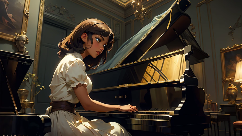 ((Solo Beautiful european woman with dark skin and striking eyes)), shadowed interior background, art by akihiko yoshida, manga art style, colorfield illustration, Scary atmosphere, global illumination, by frank frazetta, art by goro fujita, glamour shot, banner, blur, anime key visual, (blue, yellow and grey colors), dramatic photo, anime girl, Intricate details, chiaroscuro, pino daeni, impressionist (best quality, masterpiece), play a piano