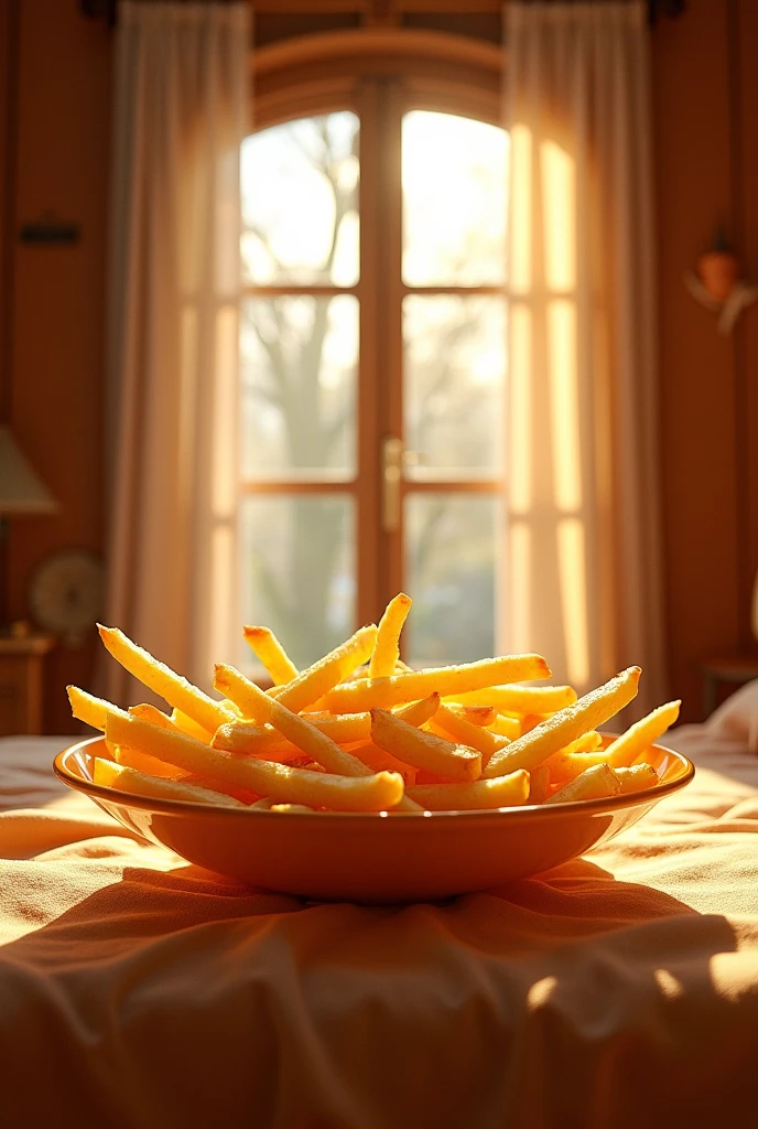 A room of French fries with a bed of French fries and window