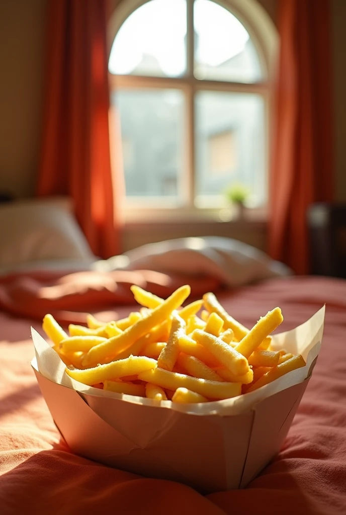 A room of French fries with a bed of French fries and window