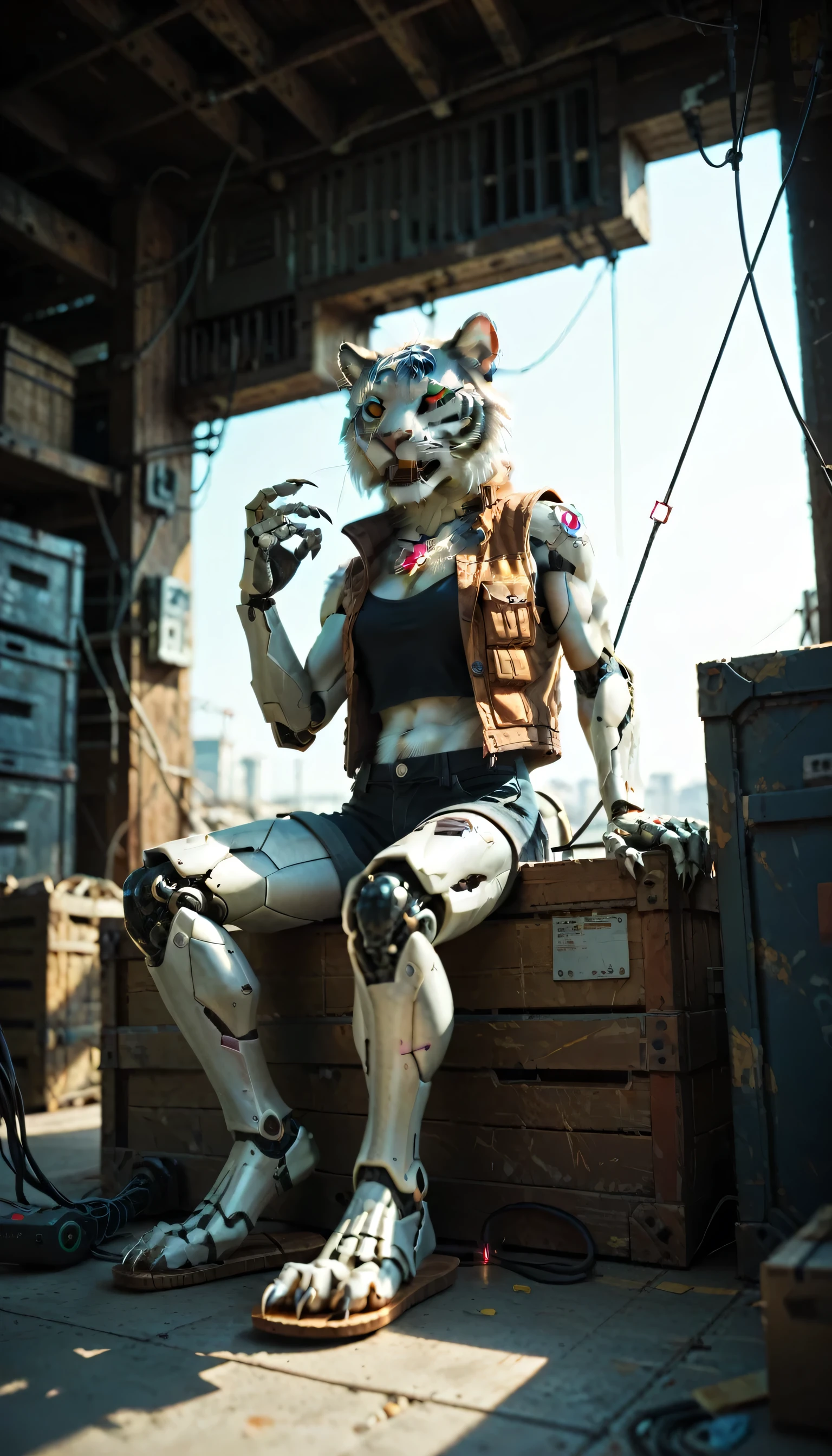 （Female robotic tiger), Solitary,, Detailed fur texture, (cyberpunk), (Wearing a sleeveless vest and black shorts), ,Feet are claws wearing beach sandals,Metal body，Wires and cables that connect the header and body，Mechanical limbs，Trunk wires and cables，Mechanical plug,Wire inserted into the belly, dawn, shadow, Bright environment, (Chest gemstones), , (Kantanagarmouli)), (Bottom view), Looks excited, [Simple background], Detailed student, Masterpiece Artwork, Caustic lines, Rim Light, Single light source, Clear shadow, Finger claws, (Digital Grade, Claws),Sitting in the warehouse with my feet up