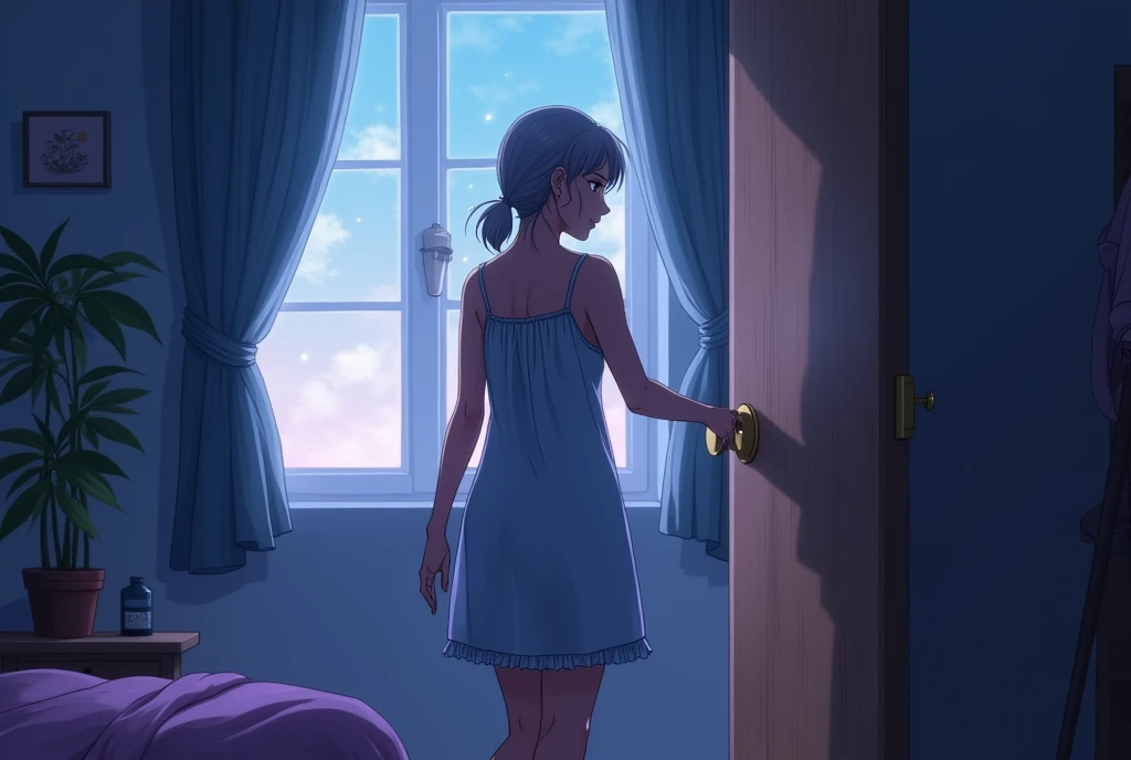 The scene where a house elder women turns her back and lock the door. Her back view of her wearing a nighty in the room. nighty with short slaves and open neck relax dress. The curtain should be closed the windows in the room and should be depicted inside the night. The background should be bright and colorful, dynamic, anime art.
