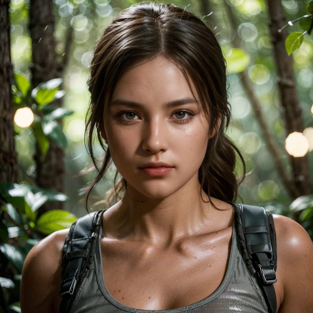 Lara Croft, eyes browns, (best qualityer, ultra detali), (realisitic:1.37), beautiful and detailed face, ultra-realisitic texture, 精致的面容, Delicate body, red lipgloss stick, shiny colors. High definition, 8k.