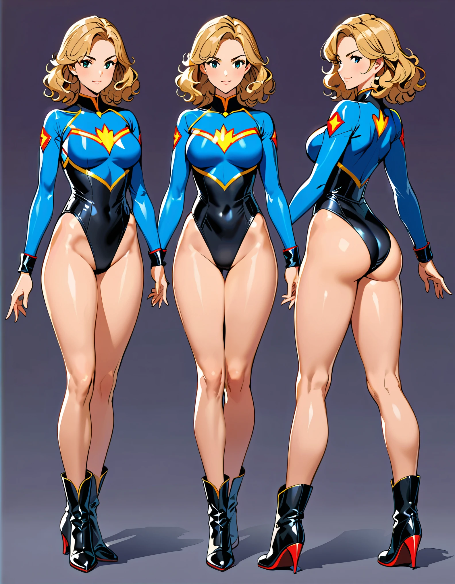 masterpiece, best quality, hires, 1girl, finger proportions coordination, medium breasts, ((leotard, light blue leotard, lighting bolt \(emblem\) on chest)), long sleeves, (bare legs), ((fastened tight belt)), black boots, matching boots, black gloves, solo, single, standing, superhero, beautiful detailed eyes, beautiful detailed face, blonde hair, (short hair), wavy hair, mature lady, teacher, perfect body. Simple background, Multiple Views, Character Sheet Full-Length.