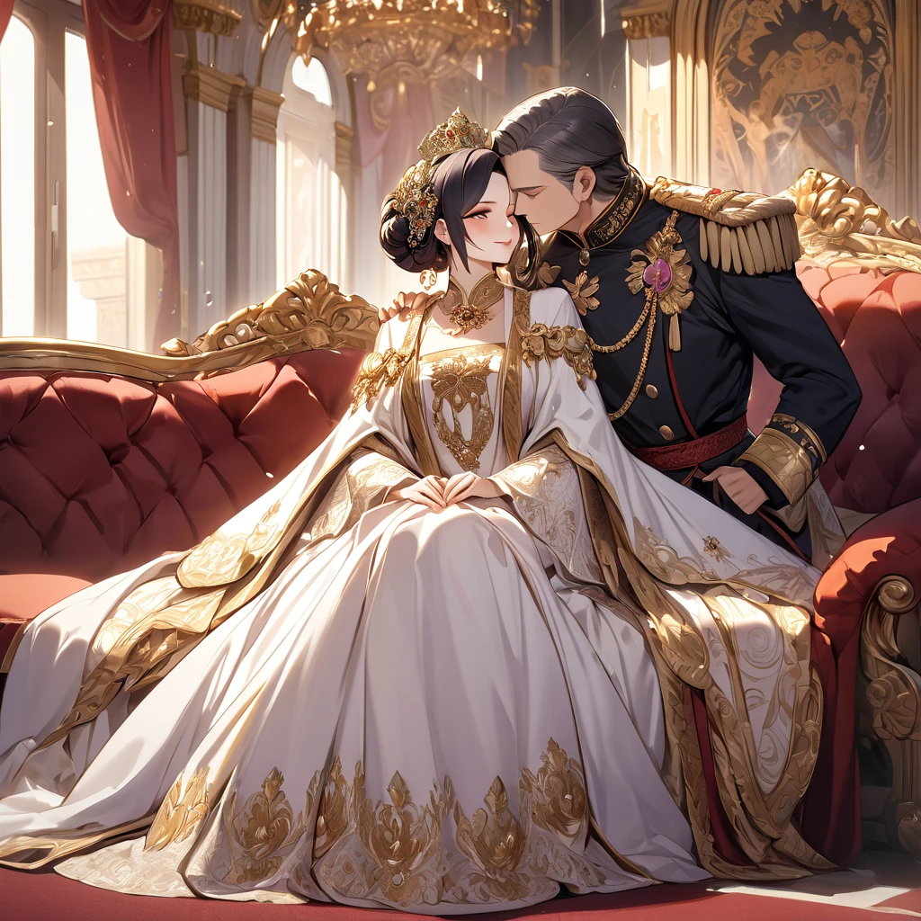 ((Highest quality)), ((masterpiece)), (detailed), (Perfect Face)、The woman is Shinobu Kocho, a Russian with black hair with purple gradient ends, tied in a bob hairstyle, an elegant, graceful and beautiful Russian noblewoman, and the Empress of the Great Russian Empire.、The woman is beautifully dressed in the gorgeous and glittering gold-colored ancient Russian court dress of an ancient Russian empress, accessorized with luxurious accessories and kokoshniks.、The woman is standing next to a great and dignified old Russian emperor.、A woman is sitting on a luxurious sofa in a palace hugging and kissing a great old Russian emperor, looking happy and in love、The woman loves the emperor with all her heart.