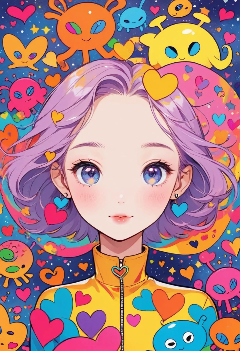 Keith Haring colorfull style, Simple Line Initialism,Abstract art,(((The most beautiful girl of all time))), Sweet face. colorful hearts, stylish design, (((Cute Aliens))), The background is space