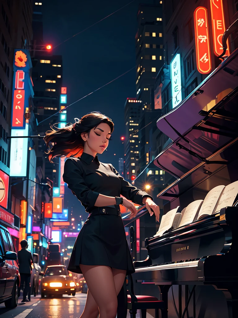 [Core Concept] A young woman playing piano in the middle of an urban street.

[Character Description] A beautiful, youthful woman with delicate features and graceful movements, her fingers dancing across the piano keys with elegant poise and concentration.

[Environment/Background] The scene takes place on a bustling urban street, surrounded by towering buildings, neon signs, and the hustle and bustle of city life. Pedestrians and vehicles weave through the background, creating a dynamic and vibrant atmosphere.

[Style and Atmosphere] The image has a dreamlike, almost surreal quality, with a soft, romantic lighting that bathes the woman and her piano in a warm, ethereal glow, contrasting with the gritty, modern urban setting.

[Composition] The woman and her piano are positioned at the center of the frame, commanding attention and creating a striking focal point. The surrounding cityscape frames and complements the central figure, drawing the viewer's eye towards the mesmerizing performance.

[Details and Embellishments] The woman's expression is one of deep focus and passion, her eyes closed as she loses herself in the music. The piano itself is a sleek, grand instrument, its glossy black surface reflecting the lights of the city.

[Technical Specifications] The image is rendered in a photorealistic style, with a high level of detail and attention to lighting, texture, and perspective, creating a sense of immersion and realism.