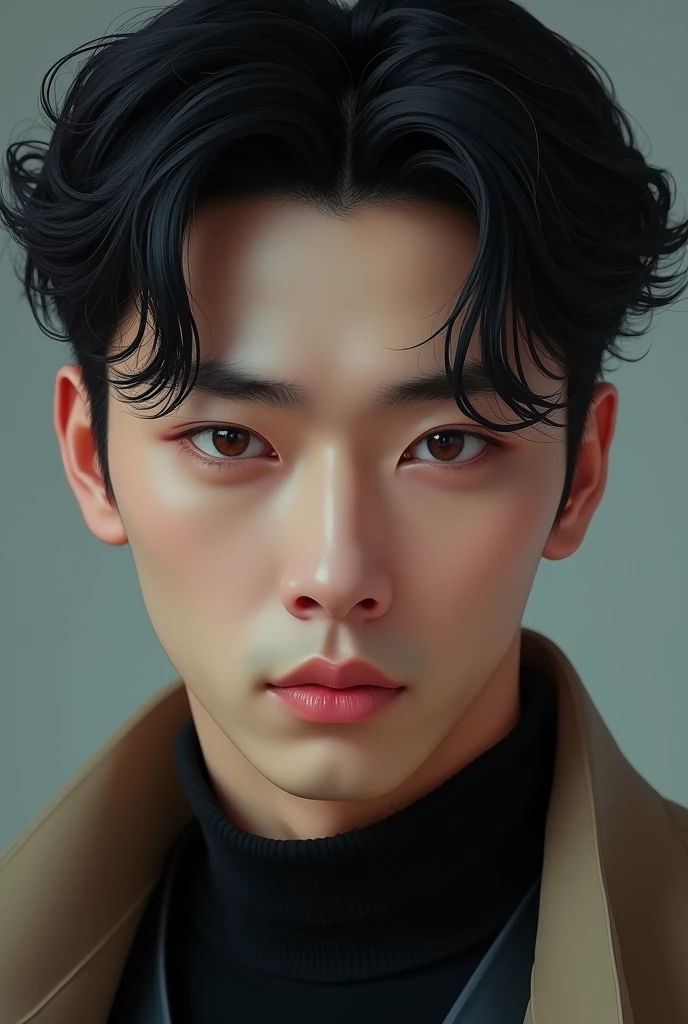 Realistic Korean man with young face and manly piercing gaze