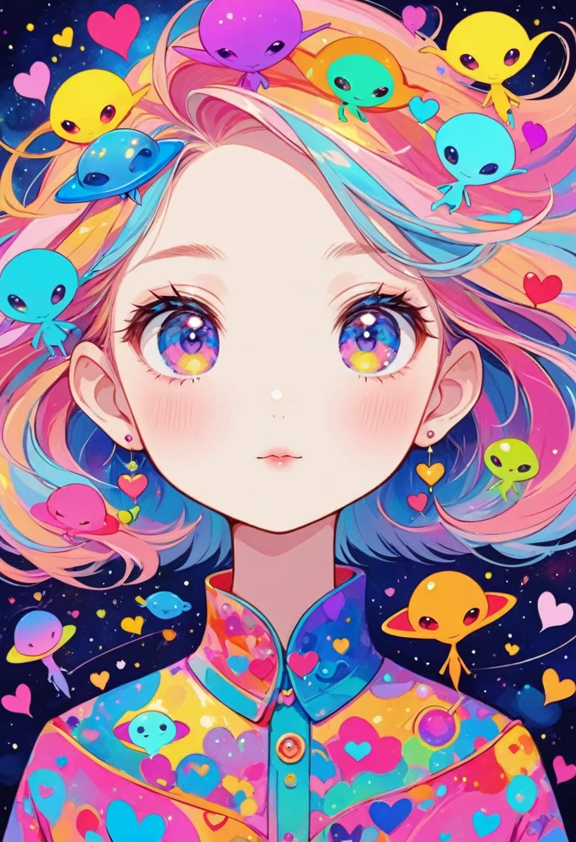 Seizo Watase olorfull style, Simple Line Initialism,Abstract art,(((The most beautiful girl of all time))), Sweet face. colorful hearts, stylish design, (((Cute Aliens))), The background is space