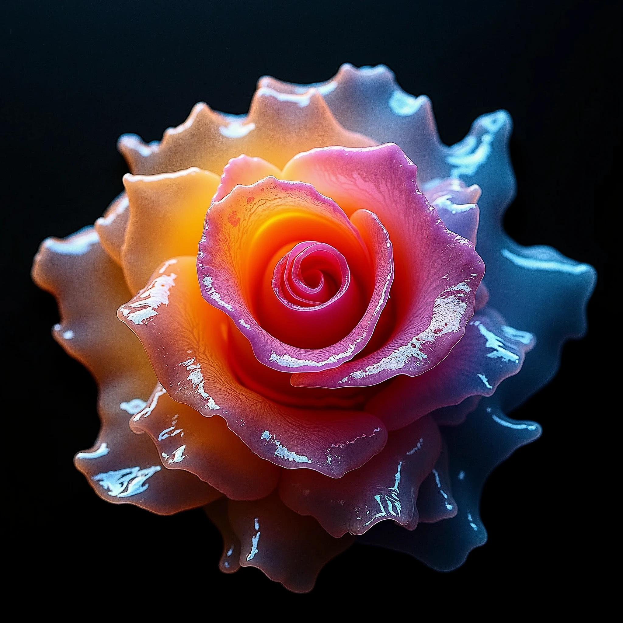((masterpiece)),Highest quality, On the black table々The colorful, clear liquid flows gently and mixes.,The spreading liquid spreads like a rose,Gloss and light reflection,Shooting with a single-lens reflex camera,Artwork,The color boundaries are blurred,There is no solid matter,The whole picture is seen from a top-down angle,The liquid does not splash