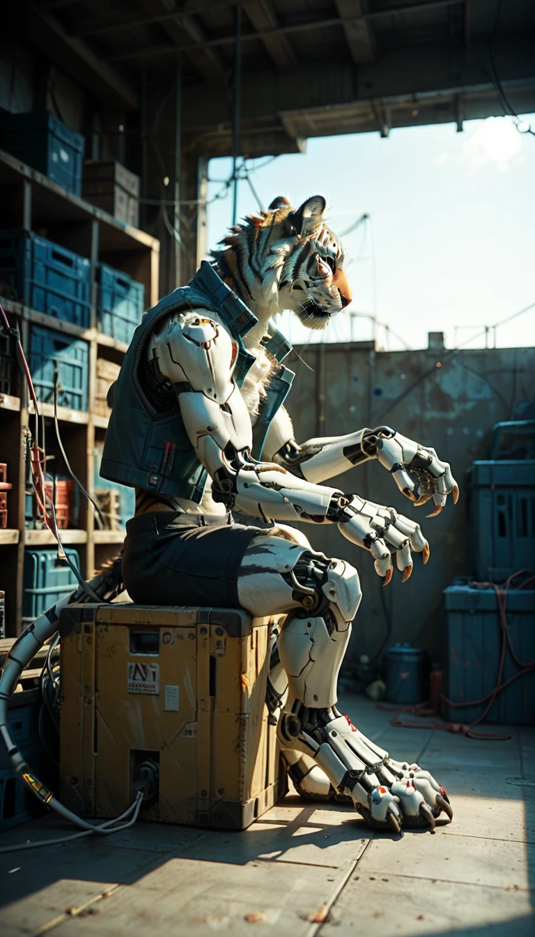 （Female robotic tiger), Solitary,, Detailed fur texture, (Cyberpunk), (Wearing a sleeveless vest and black shorts), ,Feet are claws wearing beach sandals,Metal body，Wires and cables that connect the header and body，Mechanical limbs，Trunk wires and cables，Mechanical plug,Wire inserted into the belly, dawn, shadow, Bright environment, (Chest gemstones), , (Kantanagarmouli)), (Bottom view), Looks excited, [Simple background], Detailed student, Masterpiece Artwork, Caustic lines, Rim Light, Single light source, 清晰的shadow, Finger claws, (Digital Grade, Claws),Sitting in the warehouse with my feet up