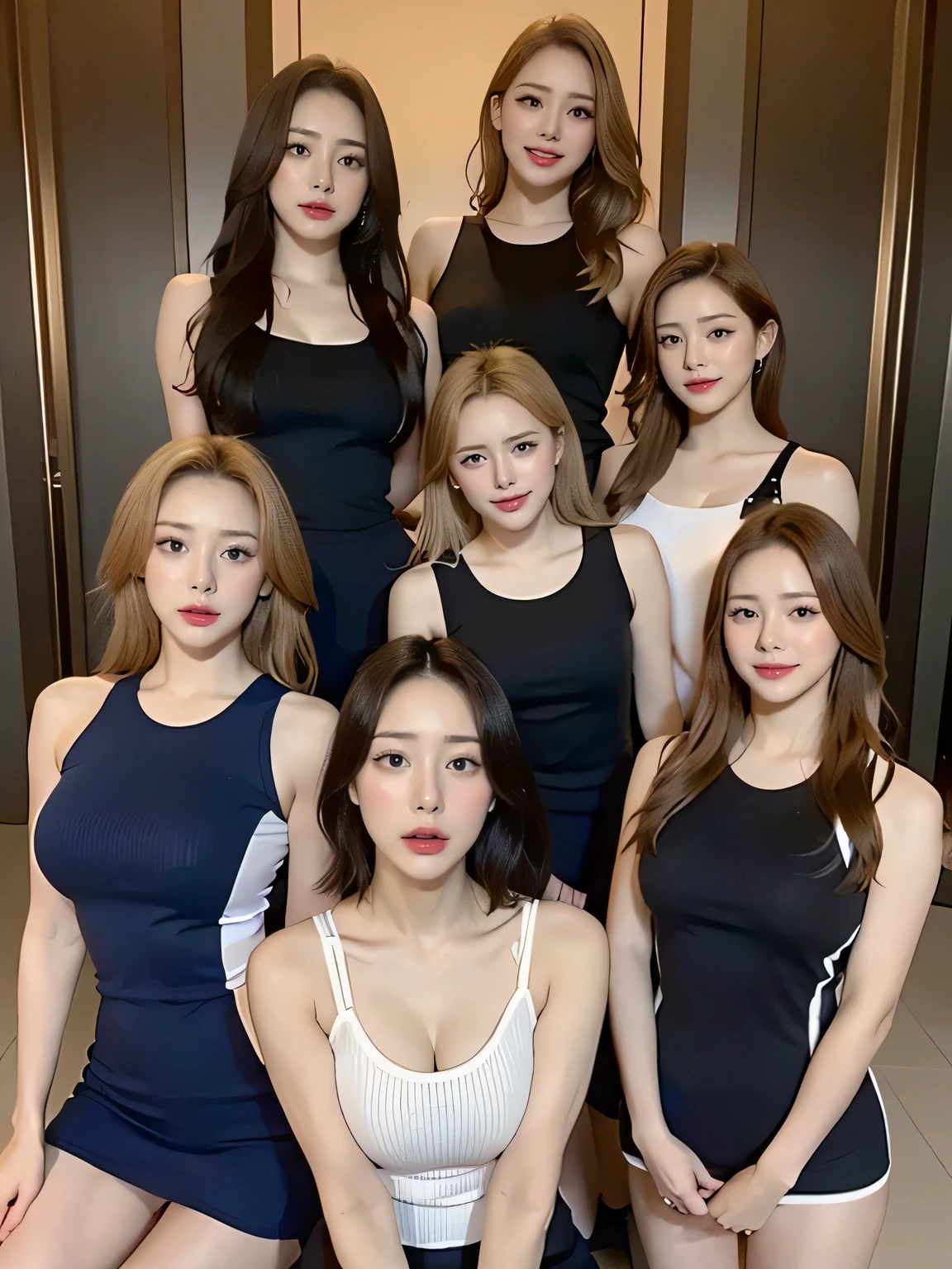 Group Photo of Beautiful Women
Capture a stunning group photo featuring a collection of the most beautiful women, each with unique types and hairstyles, but all exuding remarkable beauty. They are posing in a variety of dynamic positions, each emphasizing their own distinct elegance.
All are dressed in sleeveless knit dresses, showcasing their individual beauty and allure. Among them, the blond-haired woman stands out with her golden blonde hair framing captivating eyes, exuding elegance and charm.
Details:
Different hairstyles: Shiny blonde ponytail, curly hair
Appearance: Pale skin, beautiful, 30 years old, with tight and slim figures
Outfits: Sports outfits, gym athletics uniforms, full-body shots
Poses: Various poses, all looking straight at the viewer
View: Top angle, emphasizing a full-body view
The photo is high-quality, capturing the beauty of these women in a professional and engaging manner.