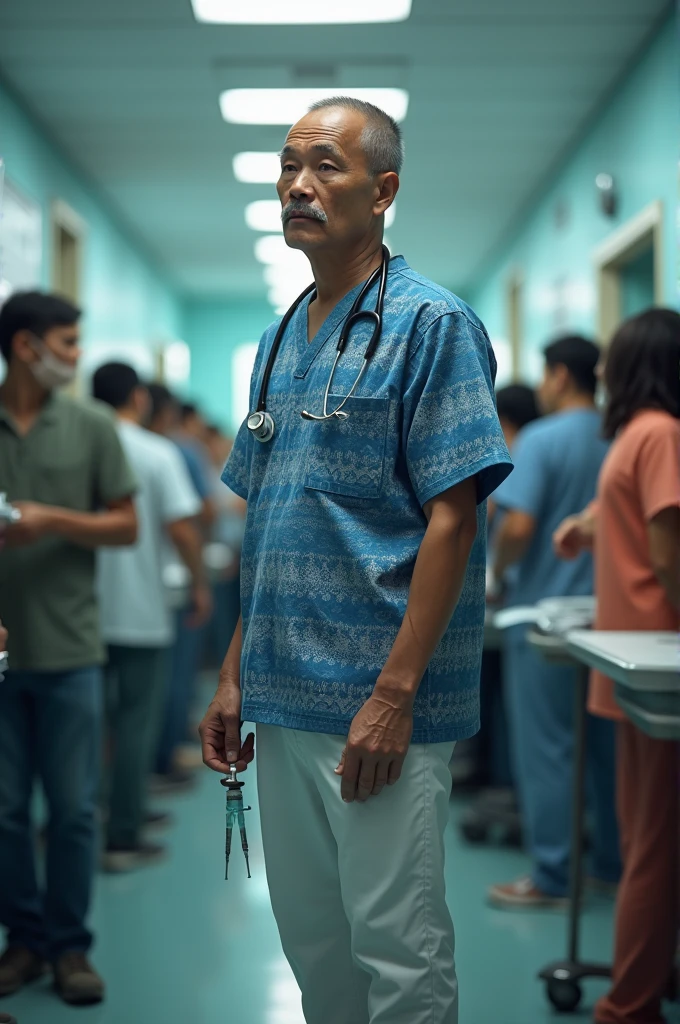 4D realistic images. 40 year old Indonesian man, thin body. has a short, thin mustache, brown skin, wears a work uniform with a blue batik patterned shirt. and white trousers. wear work shoes. around his neck was a stethoscope. in his hand he carried a syringe. The background at the hospital is crowded with lots of people there. Super realistic images, Ultra HDR is very detailed. 8K