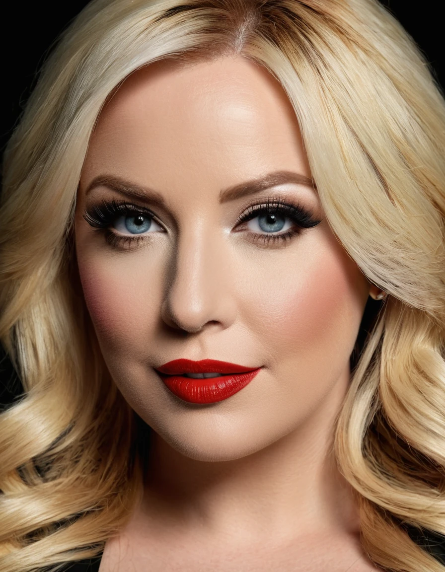 A waist-up portrait of a beautiful female whose face combines features of Meghan McCain + Renee Olstead. The female has lovely makeup on her face. The female wears red lipstick. Symmetrical eyes. Symmetrical face. Lovely details. Photorealistic. Full-colored photo. Professional photo. Highly detailed 8K.