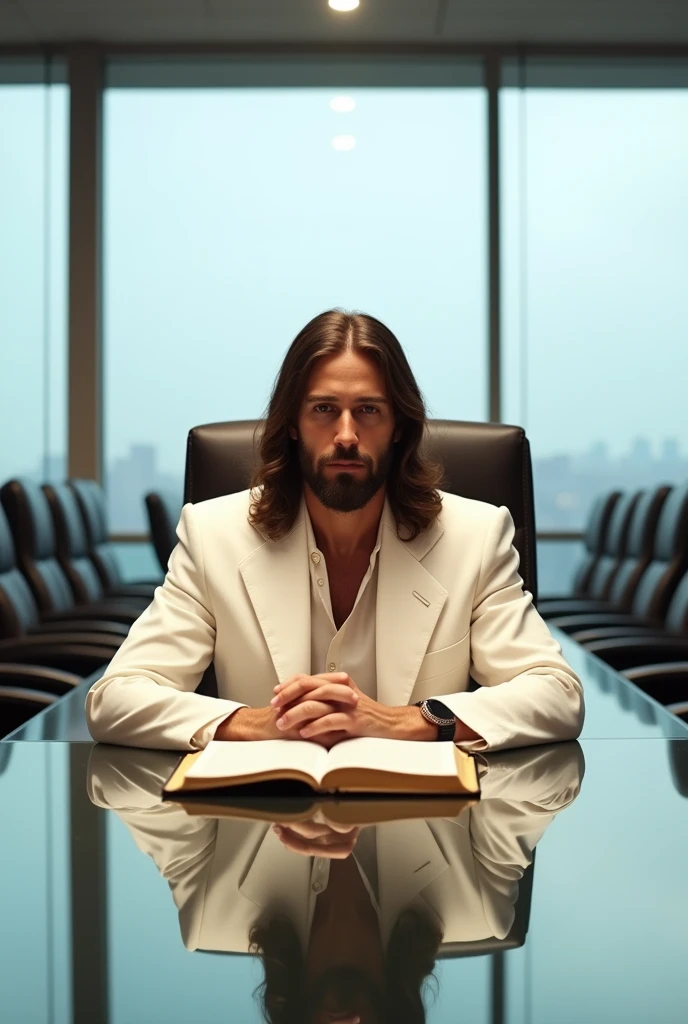 The image captures a unique scene where Jesus Christ, wearing an impeccable white suit, is sitting at the head of a conference table in a modern corporate environment. His suit contrasts with his sacred aura, uniting the divine with the mundane in a harmonious way. On the glass table, In front of him, rests an open Bible symbolizing the light of wisdom and truth. The room is spacious and elegantly decorated, with leather chairs around the table and minimalist design touches, conveying a sense of order and professionalism.

Large windows allow natural light to flood the space, enveloping the figure of Jesus in a soft luminosity, almost heavenly. The background suggests a distant urban view, reinforcing the fusion of the spiritual with the everyday. Jesus&#39; expression is serene and deeply reflective., as if about to share words of guidance and peace, addressing a council of attentive leaders or followers. The scene as a whole exudes an atmosphere of calm, moral authority and spiritual contemplation, highlighting Jesus as a guide in all spheres of life, including in the modern business world He is staring straight at the viewer of the image.
