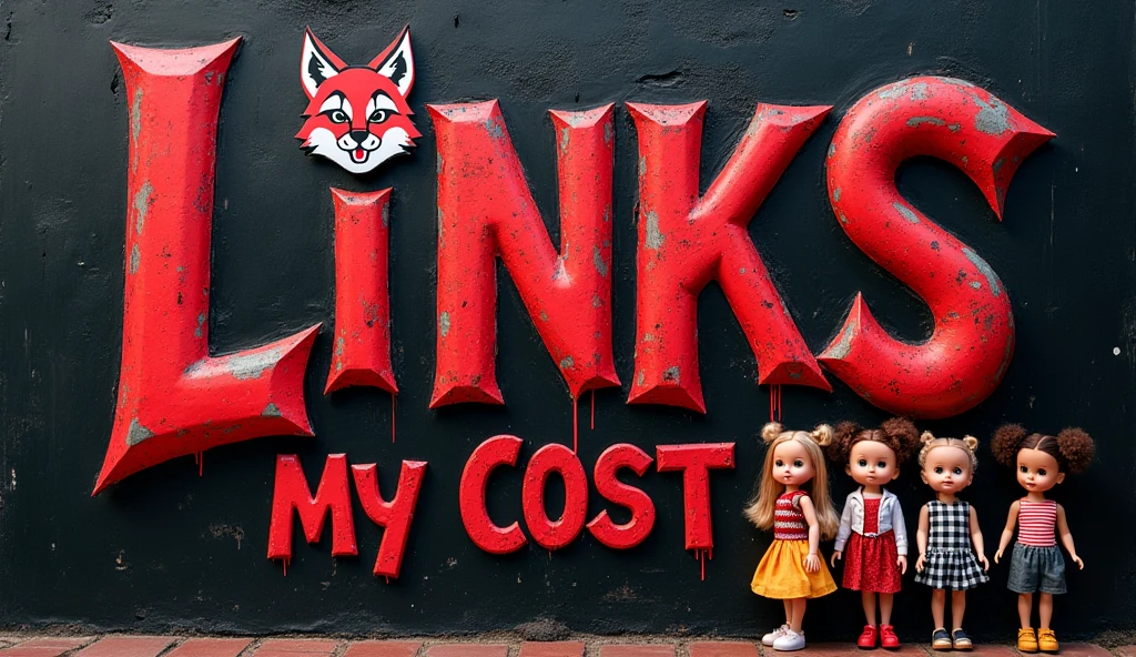 a phrase written links in graffiti letters in the middle of the screen with the colors black and red for a team logo with a lynx animal next to the feminine phrase and some dolls gossiping 