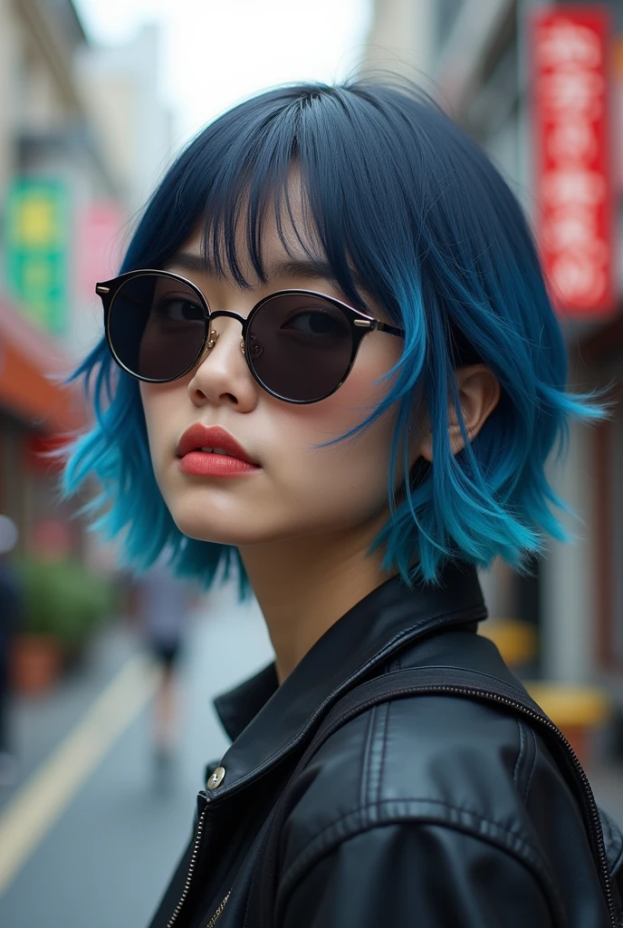 A Japanese person living overseas with sunglasses and blue tips