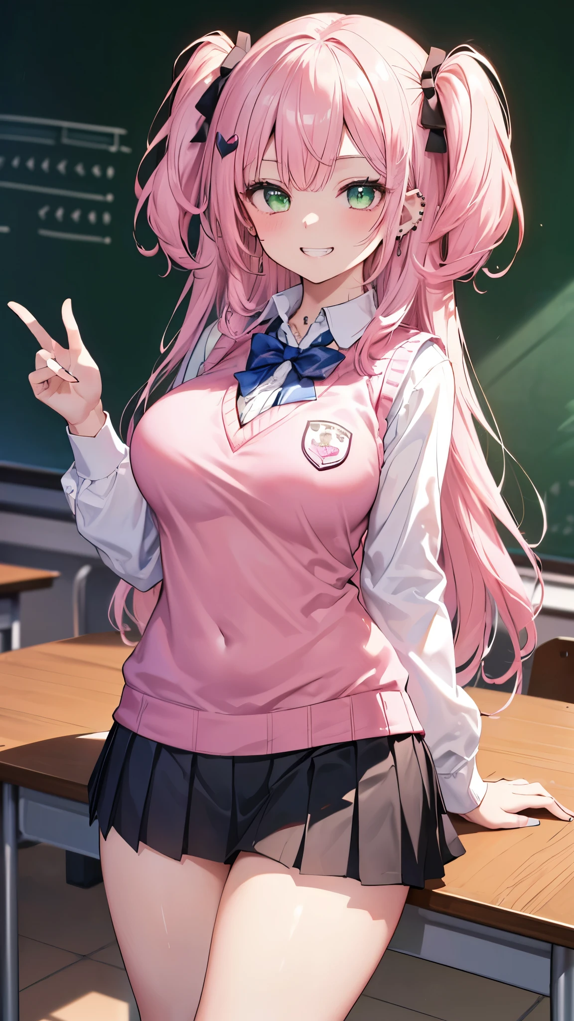 ((masterpiece、Highest quality、Very detailed))、One girl、gyaru、Pink Hair、Long Hair、Two Side Up、light greeneyes、evil smile、((Grin))、((lots of piercing))、Large Breasts、((White collared shirt))、((pink sweater vest))、((Black pleated skirt))、((micro miniskirt))、Thick thighs、Cowboy Shot、Classroom Background