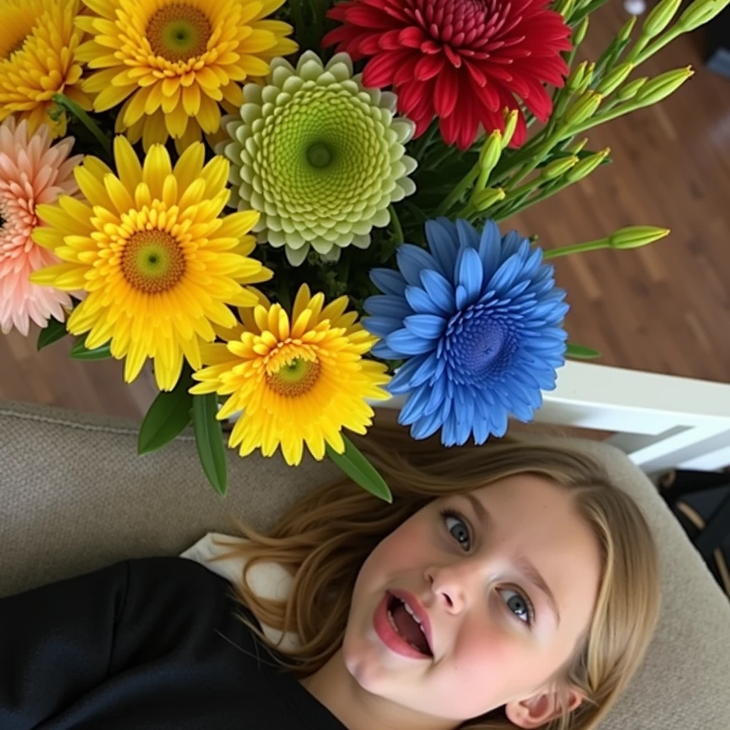 Yellow haired girl with blue flowers 