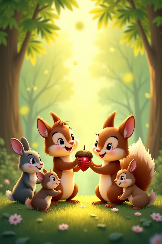 Sammy the squirrel happily sharing his shiny acorn with his friends, turning it into a fun game, as all the animals joyfully play together."