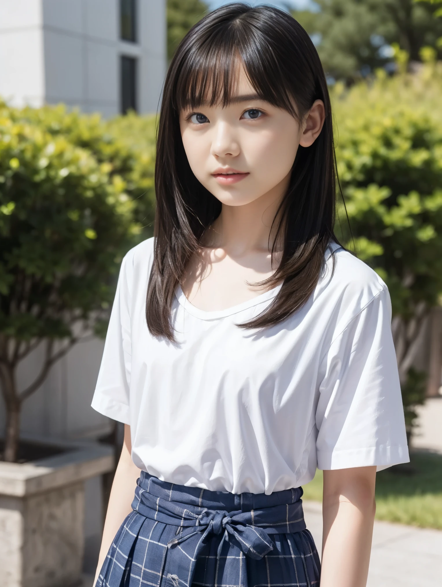 (8k),(masterpiece),(Japanese),(8-year-old girl),((innocent look)),((Childish)),From the front and above,smile,cute,Innocent,Kind eyes,Plain T-shirt,Short sleeve,Short skirt with blue check,semi-long,Hair blowing in the wind,Black Hair,Somewhat strong wind,noon,bright