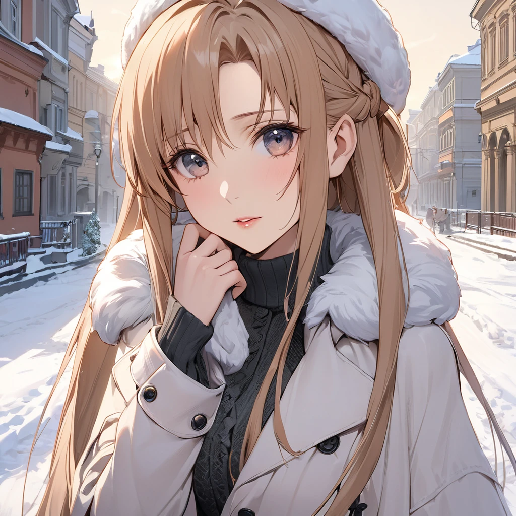 ((Highest quality)), ((masterpiece)), (detailed), （Perfect Face）、The woman is Yuuki Asuna, a Russian with light brown, semi-long hair.、In the winter streets of Russia, a woman is beautifully dressed in everyday Russian winter clothes and luxurious accessories.