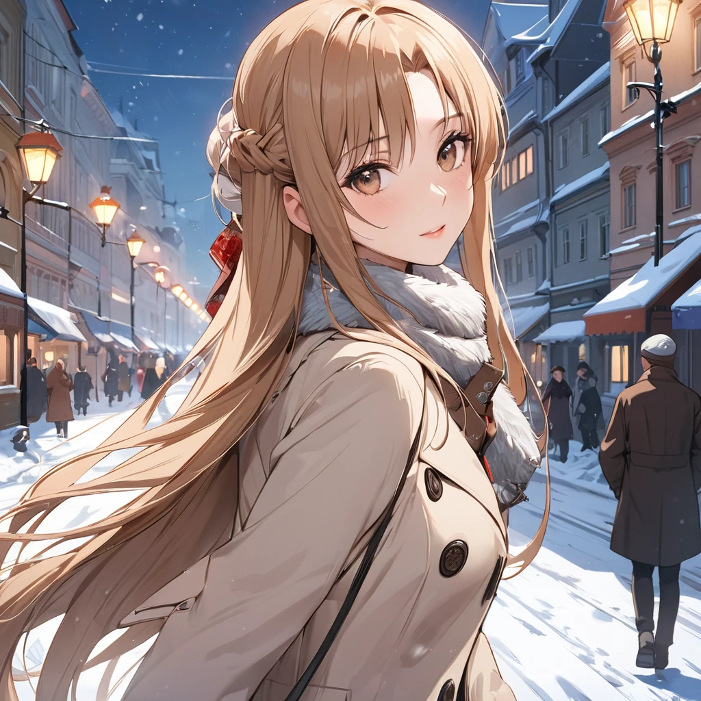 ((Highest quality)), ((masterpiece)), (detailed), (Perfect Face)、The woman is Yuuki Asuna, a Russian with light brown, semi-long hair.、In the winter streets of Russia, a woman is beautifully dressed in everyday Russian winter clothes and luxurious accessories.