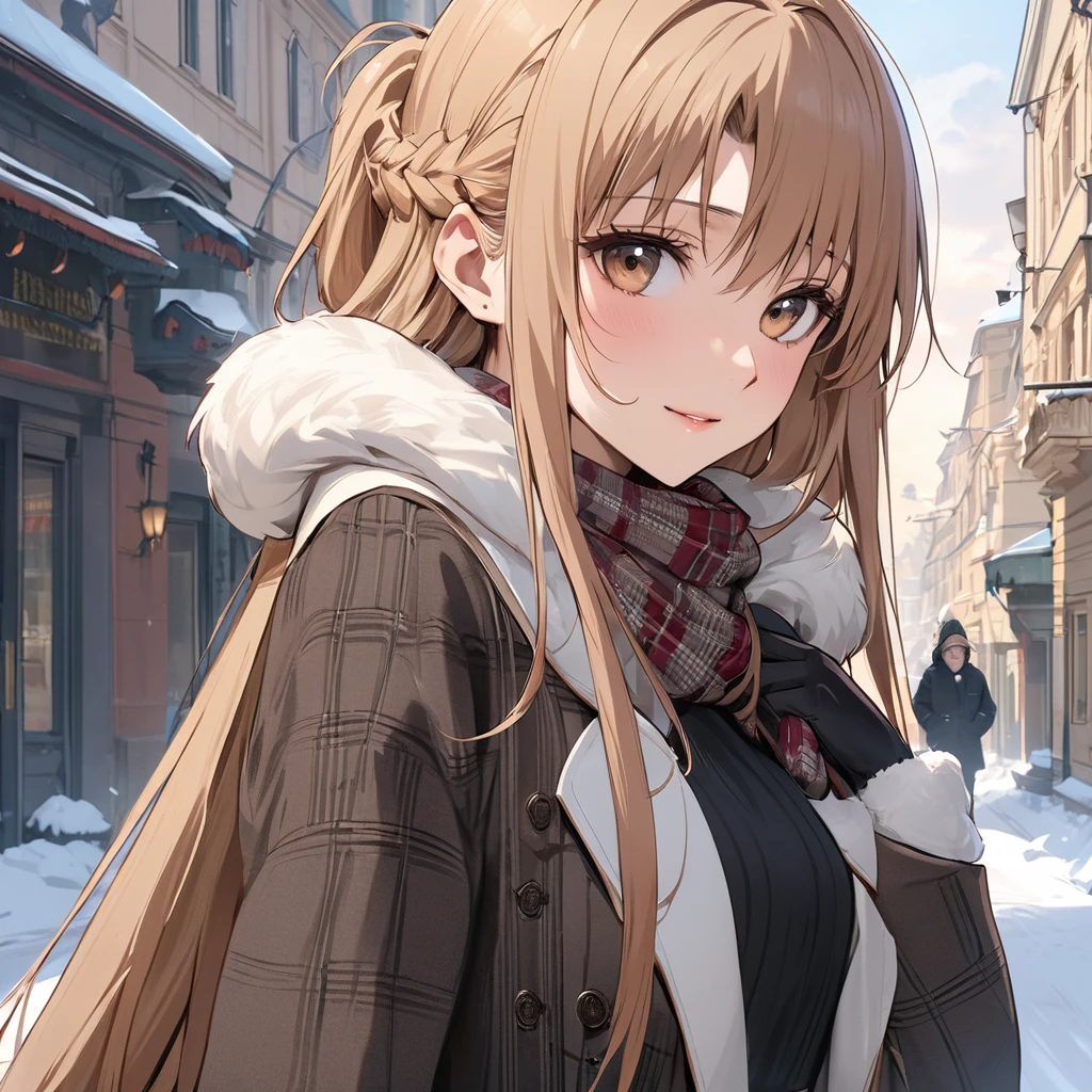 ((Highest quality)), ((masterpiece)), (detailed), (Perfect Face)、The woman is Yuuki Asuna, a Russian with light brown, semi-long hair.、In the winter streets of Russia, a woman is beautifully dressed in everyday Russian winter clothes and luxurious accessories.
