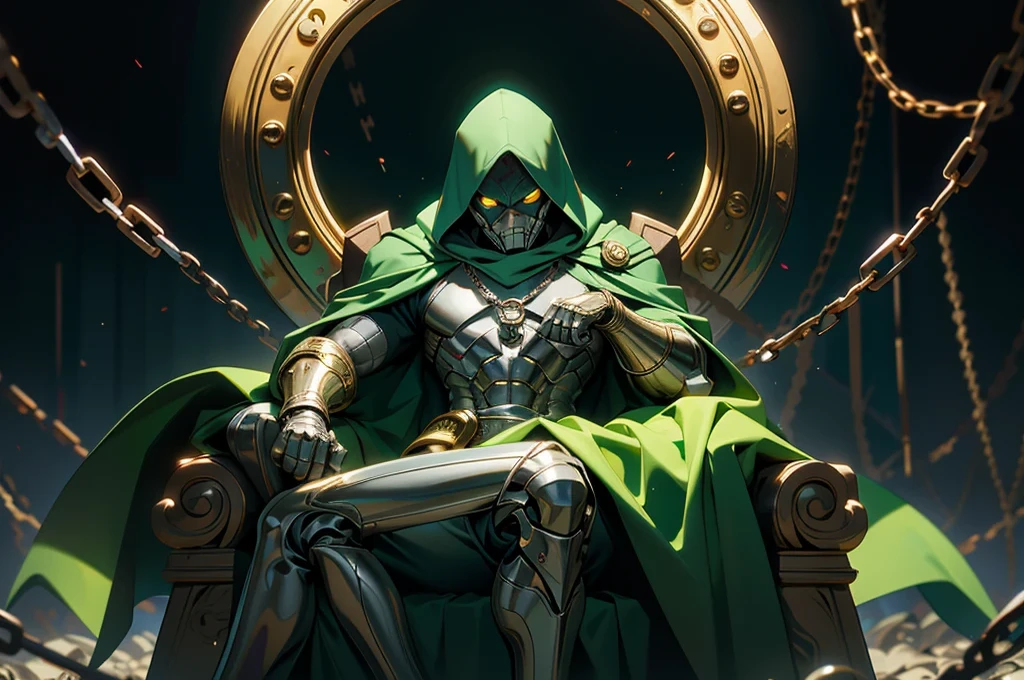 (masterpiece:1.2, best quality:1.2), ((masterpiece)), (((best quality))), ((ultra-detailed)), ((illustration)), (1man, male, solo), ((doctor doom, silver metal mask, green hood, cloak, chains, yellow glowing eyes)), silver metal mask, white markings, full gray suit, broad shoulders, chaos, sitting on throne, control corpses, ((hell, underworld)), fisheye lens