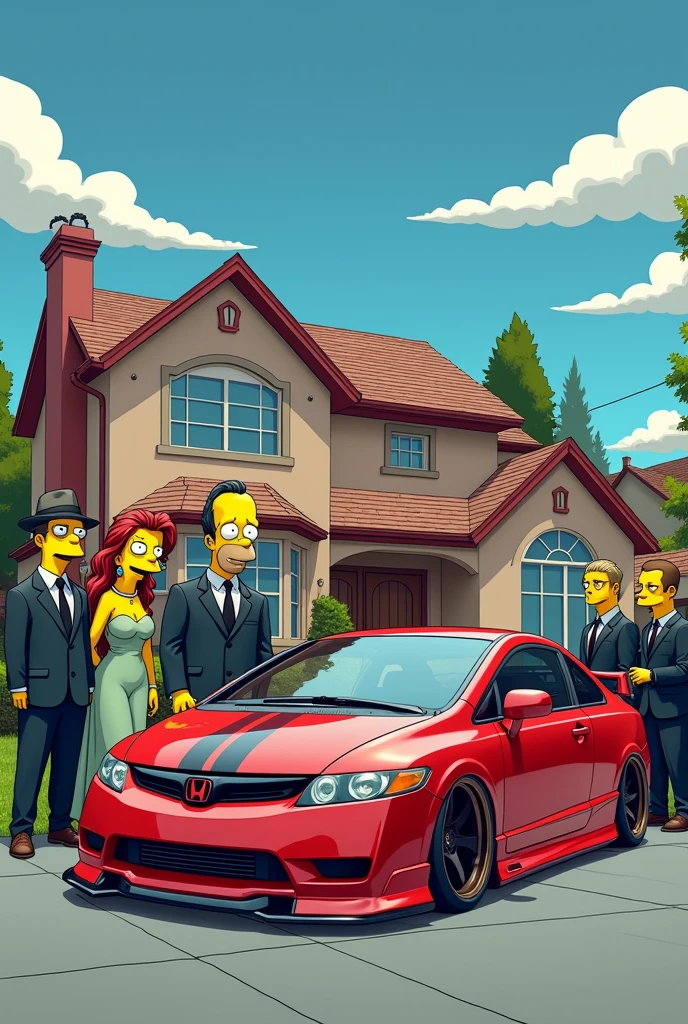 A photo in front of Homer Simpson&#39;s house with his family and friends dressed elegantly and gangsters admiring Honda cars, including a tuned 2008 Honda Civic Si coupe 