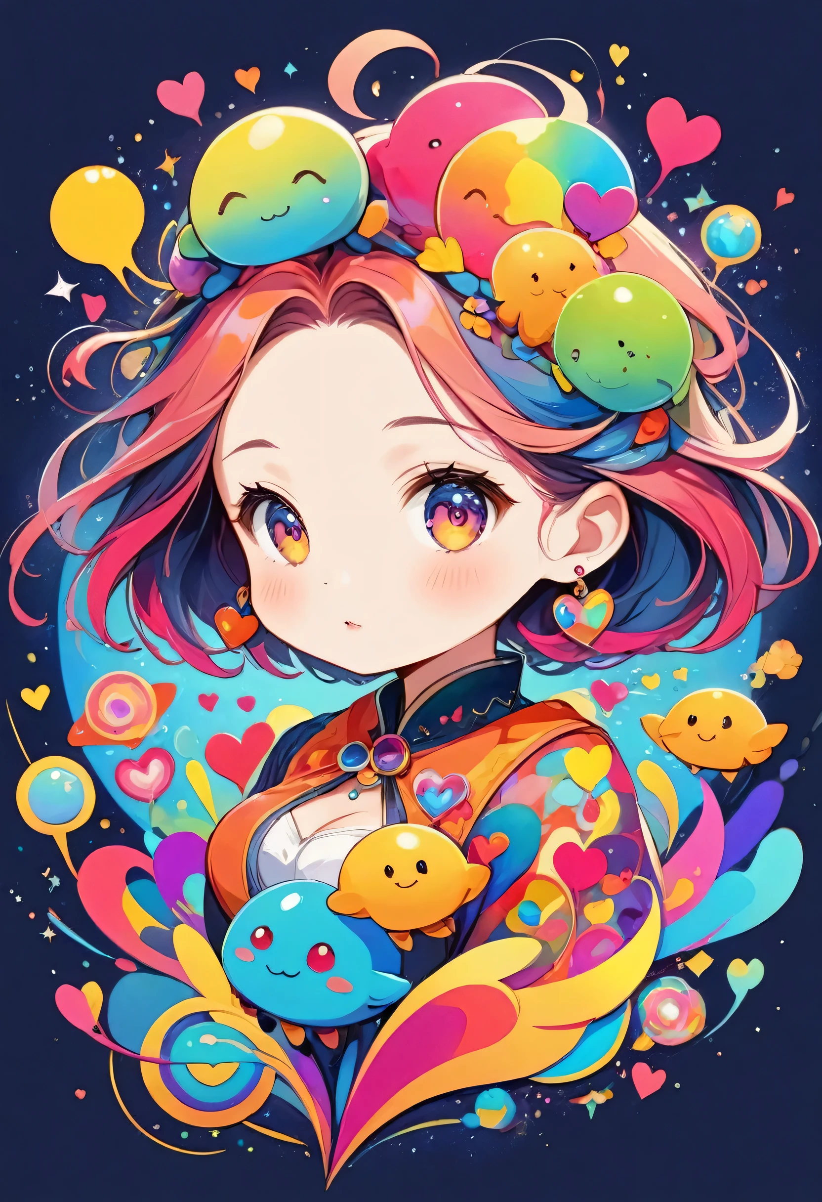 Vasily Kandinsky colorfull style, Simple Line Initialism,Abstract art,(((The most beautiful girl of all time))), (((chibi))), Sweet face. colorful hearts, funny design, (((bosom buddy ))), (((Cute Aliens))), The background is space