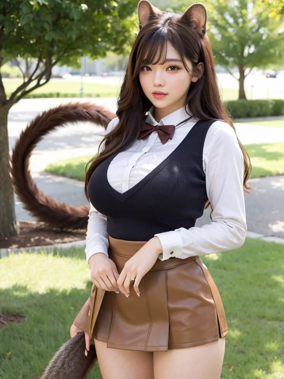 ((Highest quality, 8k)), ((masterpiece)), (Highest Resolution), Perfect Face, Squirrel Woman, Female college student, Beautiful woman, public, One tail, she has thick thighs, Big tail, She has a brown squirrel tail., She wags her tail, Troubled face, Fur collar, She is wearing a short skirt, Beautiful Hips , Big Breasts, The skirt is rolled up with a big tail