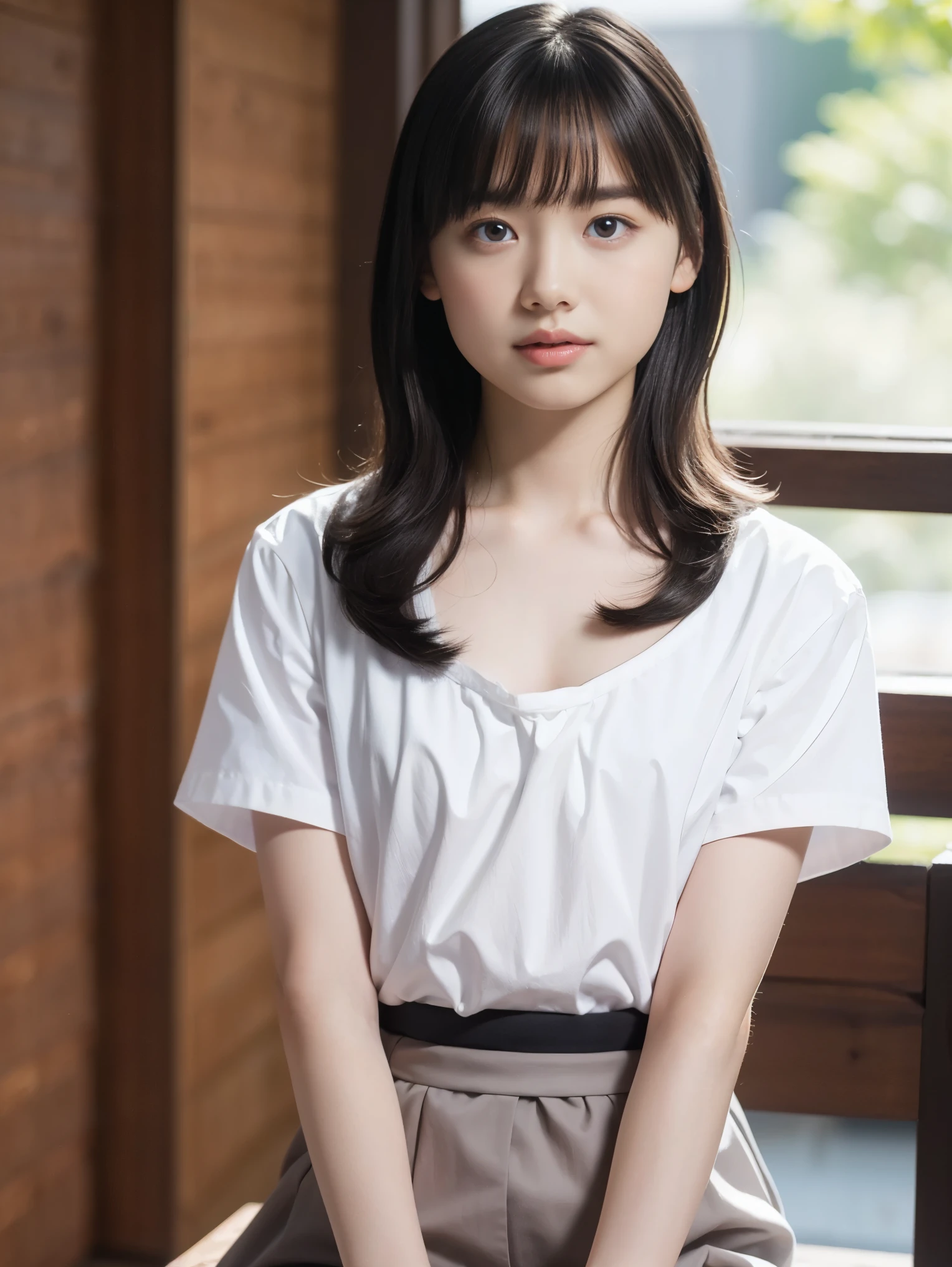 High resolution、High resolution、In 8K、RAW Photos、Highest quality、masterpiece、One girl, (flat chest like a boy:1.2), ((Skinny body:1.2)), Wavy Hair,Japan Student Uniforms, Anatomically correct,bangs、Waist、thigh