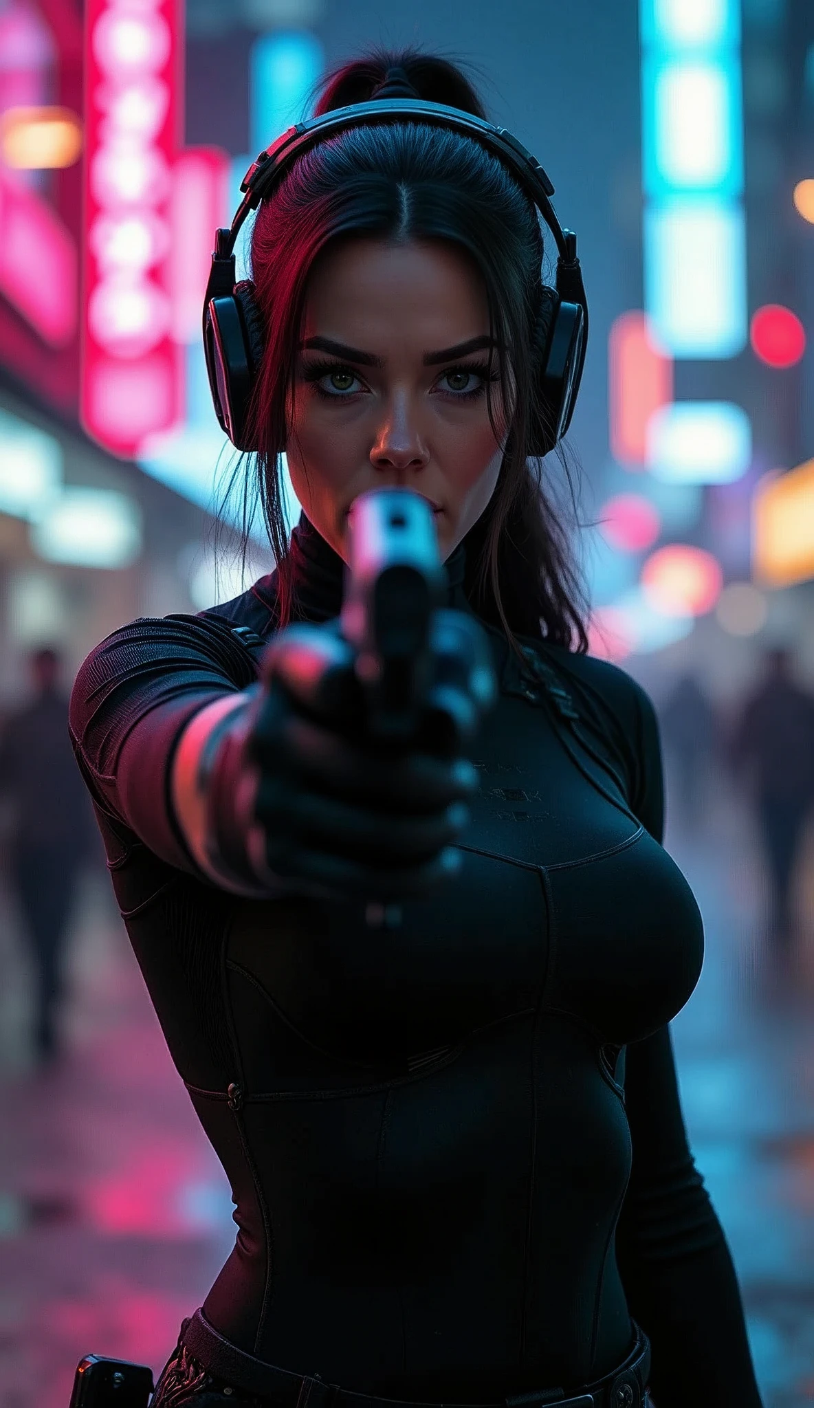 (masterpiece:1.2,Highest quality,Highest quality,Very detailed:1.2),8k,wallpaper,(One Woman),(Screaming),(Future female SWAT team members),(((The muzzle of the pistol is pointed at me:1.6))),(Extremely form fitting black tactical bodysuit),(Tactical Headset),(Tactical Holster),(Tactical Gloves),BREAK(Serious),(ponytail),(Brunette),(Beautiful Face),(Beautiful Eyes),(Beautiful Eyes),(Highly detailed face),(Highly detailed female hand),(Muscular),(sexy),(Big Breasts),(Thick thighs),(Beautiful body),(The background is the neon streets of a future city:1.6),(cyber punk:1.6)