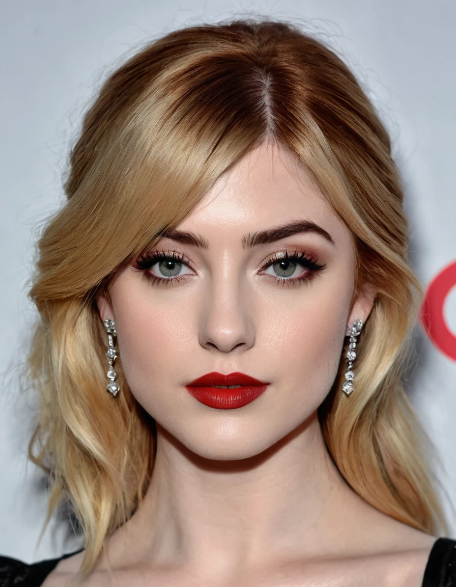 A waist-up portrait of a beautiful female whose face combines features of Imogen Poots + Katherine McNamara. The female has lovely makeup on her face. The female wears red lipstick. Symmetrical eyes. Symmetrical face. Lovely details. Photorealistic. Full-colored photo. Professional photo. Highly detailed 8K.