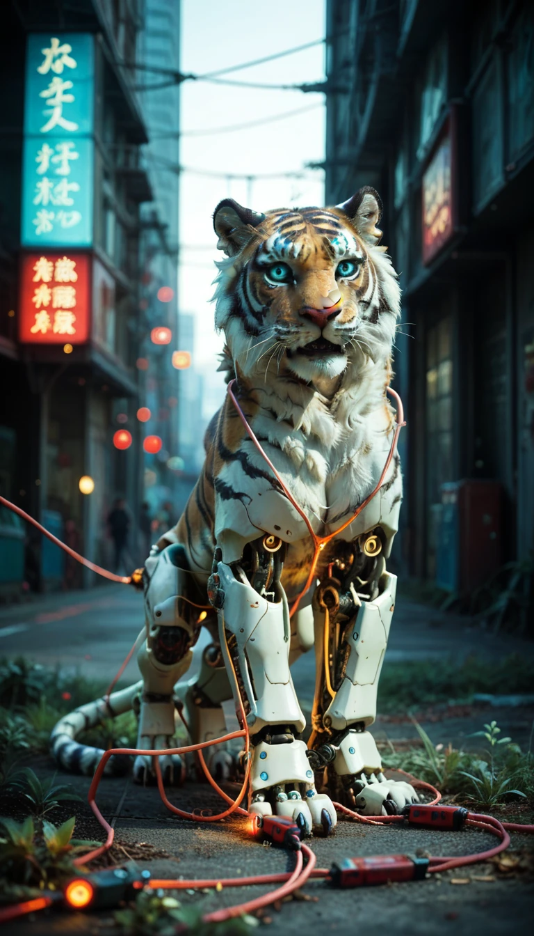 (PDXL2), Fraction_9, Fraction_8_Direction_7_up, src_Japanese cartoons, 2D, hairy, anthropology,
(Very noble and beautiful))、light、((1 Mechanical anthropologypomorphic white tiger girl))、look here、White ceramic body、Glowing blue eyes, Black sclera、Large target 、Cleavage is clearly visible、single、(Mechanical joints:1.4)、((Mechanical limbs))、(Blood vessels connected to the tubes Mechanical spine connected to the back))、((Mechanical cervical vertebra attached to the neck))、(Wires and cables connecting the head to the body:1.5)、(Mechanical body including wires and cables)、(Wires and cables connecting the feet to the body)、(Fur-covered hands and feet)、 Neon light details、Science fiction、full-body shot,Walking on the grassland, The background is a cyberpunk city、By Ken Ketter, By Location, Practical, close up,, Hands on faceAissistXLv2, unaestheticXL_bp5, SimplePositiveXLv2, PDXL2 PonyXLV6_Fraction