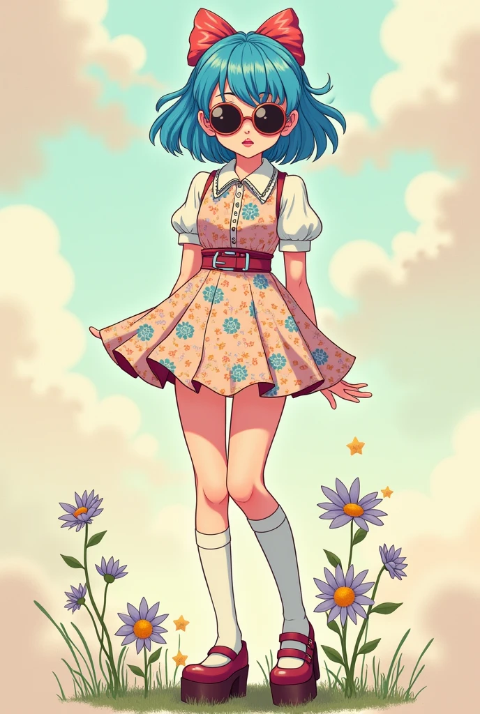 A girl in vintage clothes with blue hair and sunglasses, anime style