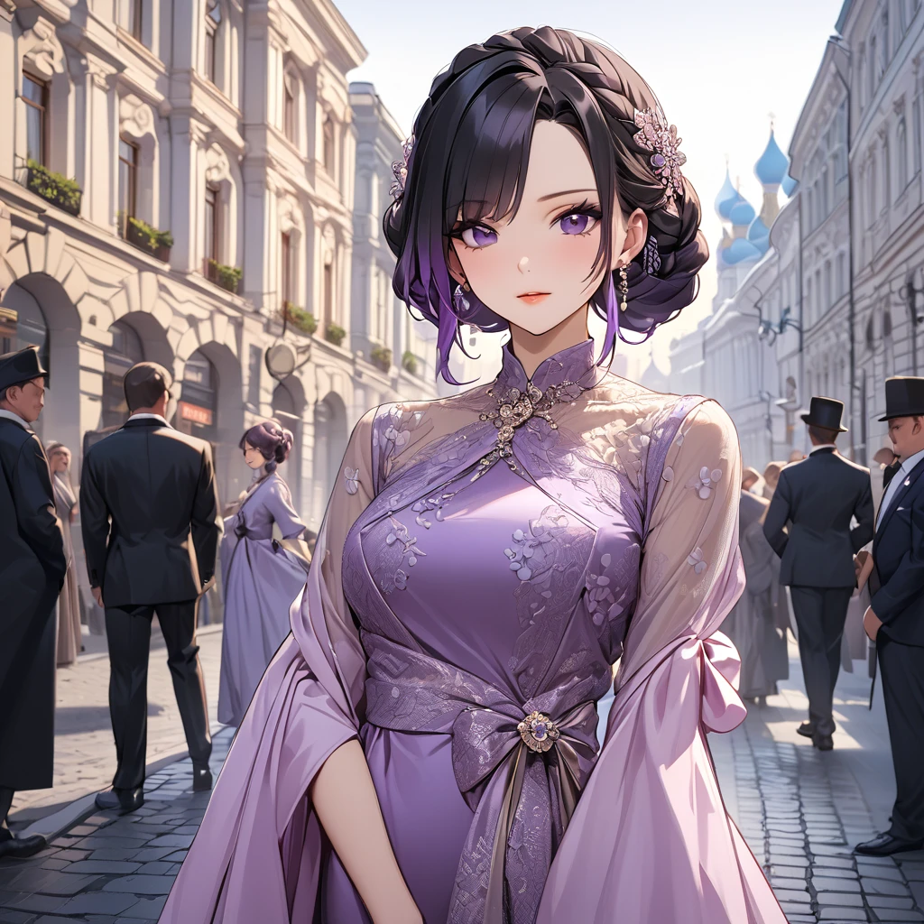 ((Highest quality)), ((masterpiece)), (detailed), (Perfect Face)、The woman is Shinobu Kocho, a Russian with black hair in a purple gradient bob style, tied up in a formal evening hairstyle.、In the streets of Russia, women are beautifully dressed in everyday Russian clothing and luxurious accessories.