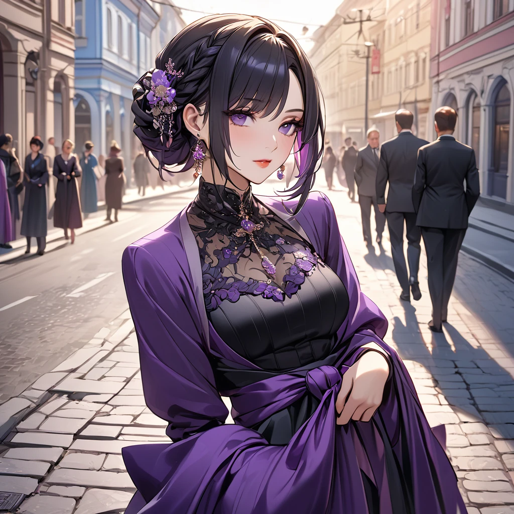 ((Highest quality)), ((masterpiece)), (detailed), (Perfect Face)、The woman is Shinobu Kocho, a Russian with black hair in a purple gradient bob style, tied up in a formal evening hairstyle.、In the streets of Russia, women are beautifully dressed in everyday Russian clothing and luxurious accessories.