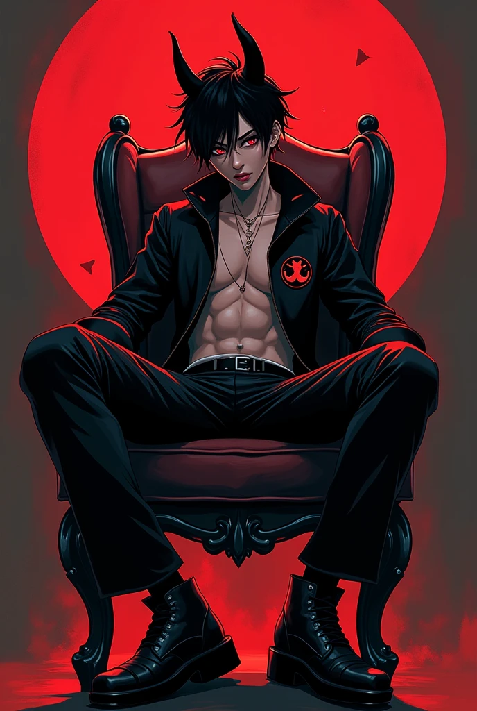 A person sit on chair in stylish pose and his name kartik in devil style anmie black desgin up on chair kartik