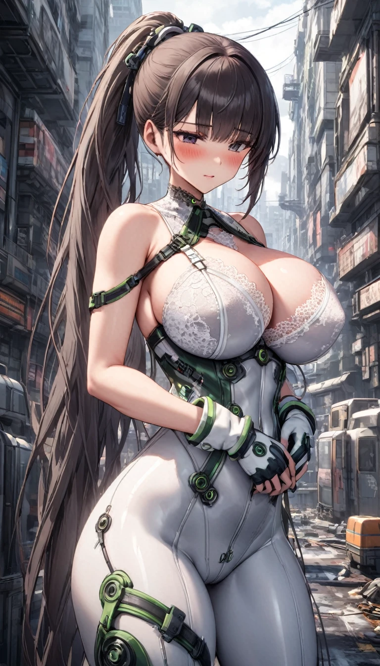 Eve with huge breasts in a white lace bra with very long hair with a ponytail in a tight suit with white technological decorations with a lot of blush embarrassed hugging her breasts in a dystopian city 