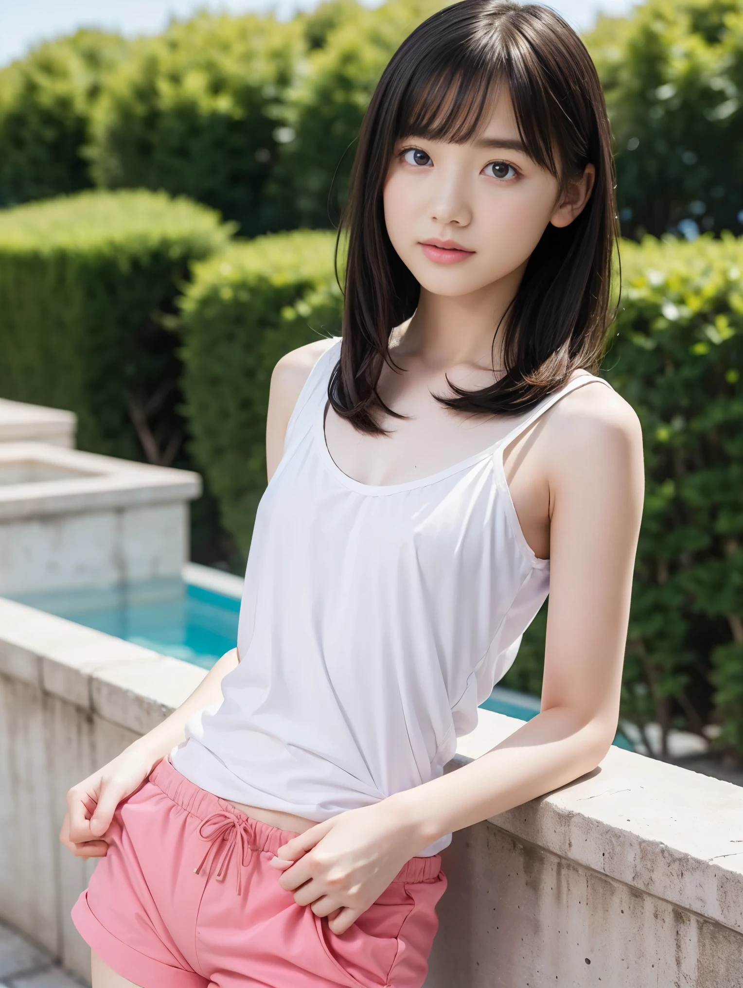 (masterpiece, highest quality:1.4), award-winning portraits, 8K, 85mm, alone, beautiful face, delicate girl, (school swimwear)、 grace, Sophisticated, cute, , looking at the viewer, 15 yw photo, disorganized, HDR, A bright smile, background bokeh、(((flat 、thin and delicate body、A childish atmosphere)))、shiny semi-long hair、Mole on the left cheek、large, round, dark blue eyes、(knee shot)、((Uplifting、come running to me、hair waving in the wind))