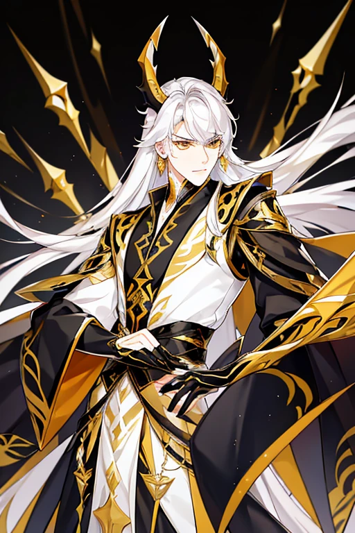 Handsome, solo, 1 male, long hair, white hair , yellow eyes, black shirt, black suit, Hanfu with red dragon patterns and gold edges highlighting the aura of a leader, golden horns, best quality, 16k, masterpiece, detailed face drawing, with two arms and two legs, manhua character.
