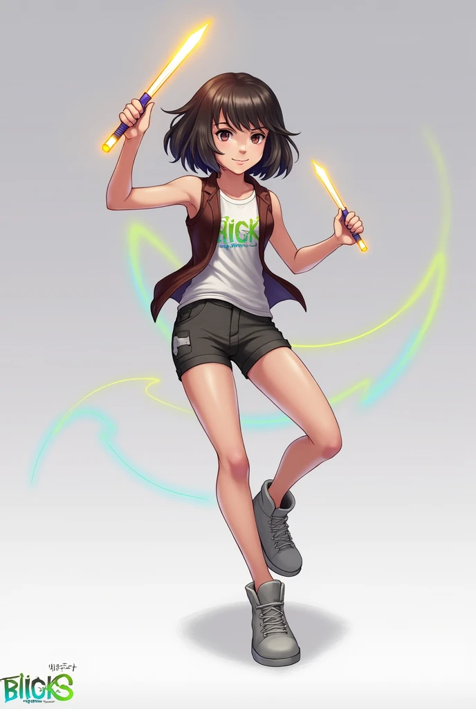 Teen girl using vest holding lightstick with one hand bob hair style facing toward front