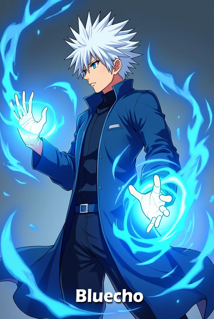 a picture of gojo who is cool of jujutsu kaisen with his blue attack and the name bluecho at the bottom of the profile picture