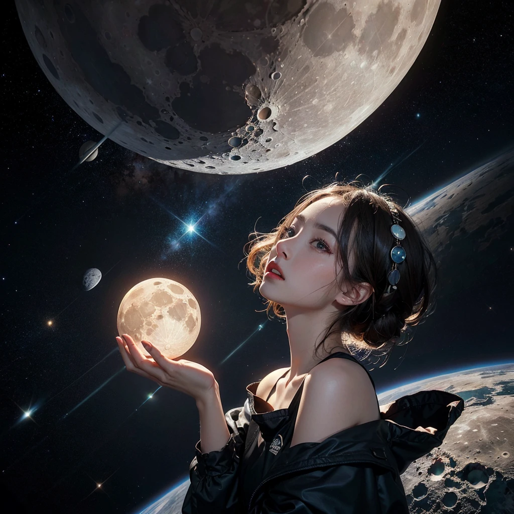Alternative version of the moon, where there is mysterious life, all this happens in outer space among many black holes and milky ways many young girls fly far away, revealingly dressed