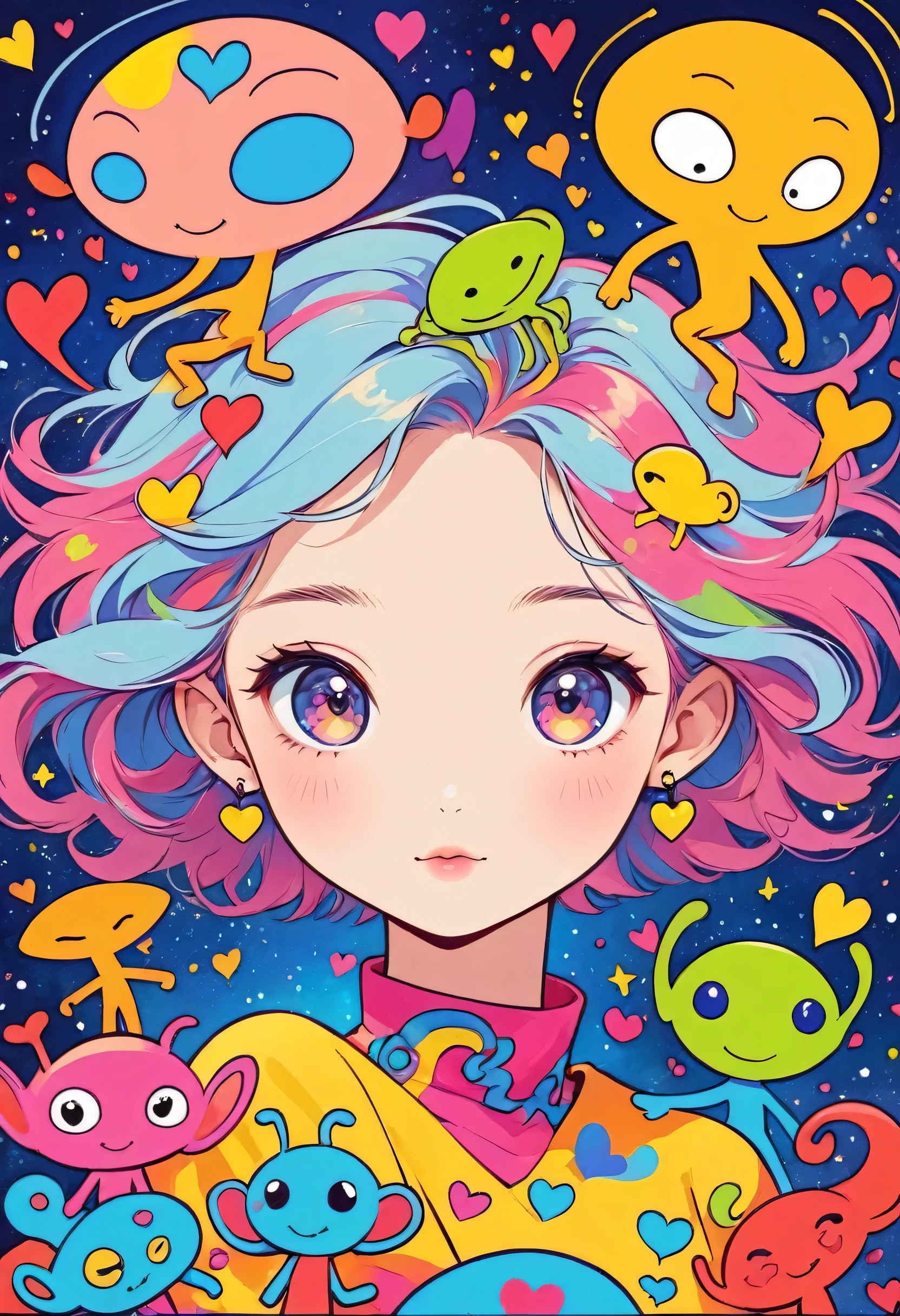 Keith Haring colorfull style, Simple Line Initialism,Abstract art,(((The most beautiful girl of all time))), Sweet face. colorful hearts, stylish design, (((Cute Aliens))), The background is space